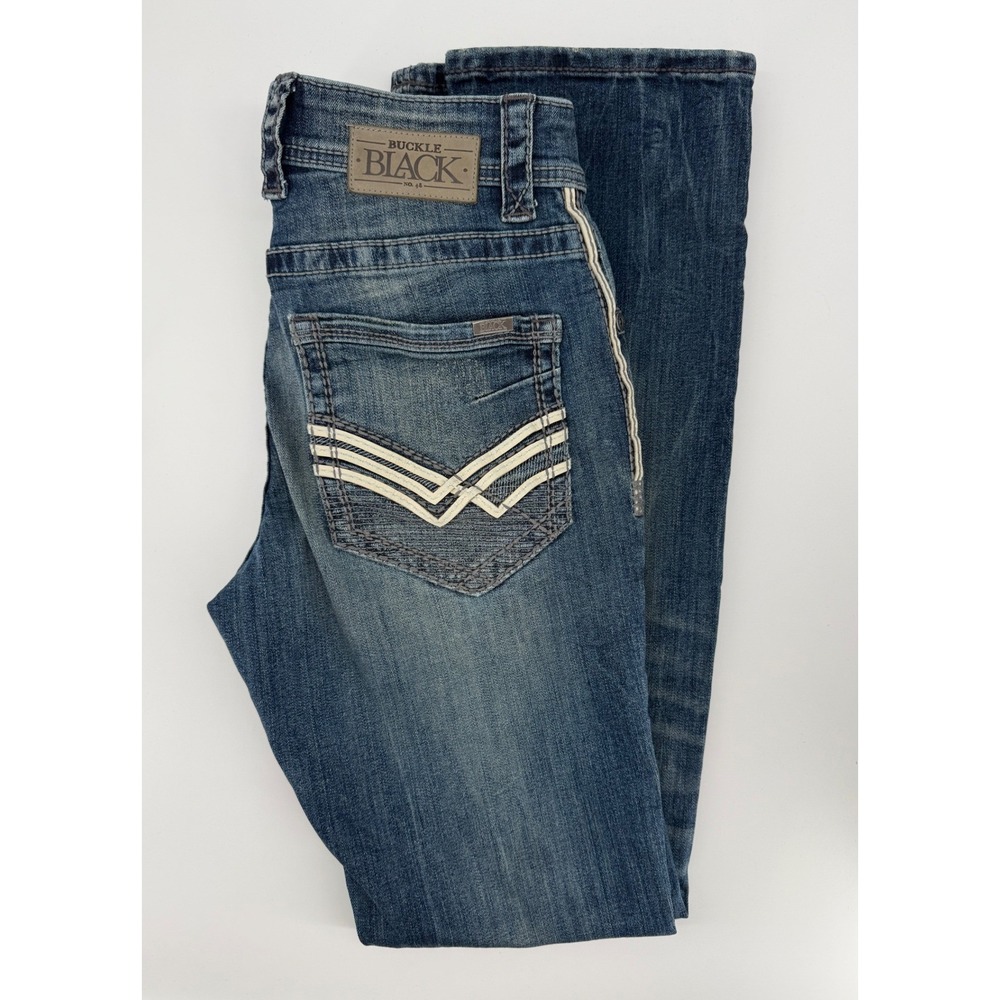 Buckle Black Jeans Mens 32L Blue Bootcut Fit No 3 BBLA374 Embroidered Pocket - Picture 1 of 12